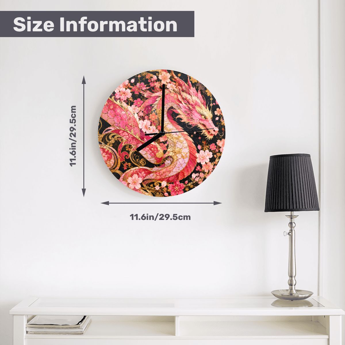 Pink and Gold Sakura Dragon MDF Wall Clock | Made in USA