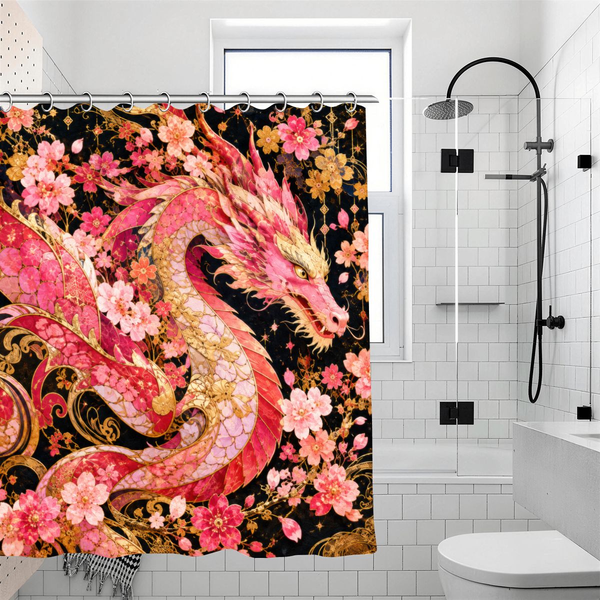 Pink and Gold Sakura Dragon Shower Curtain