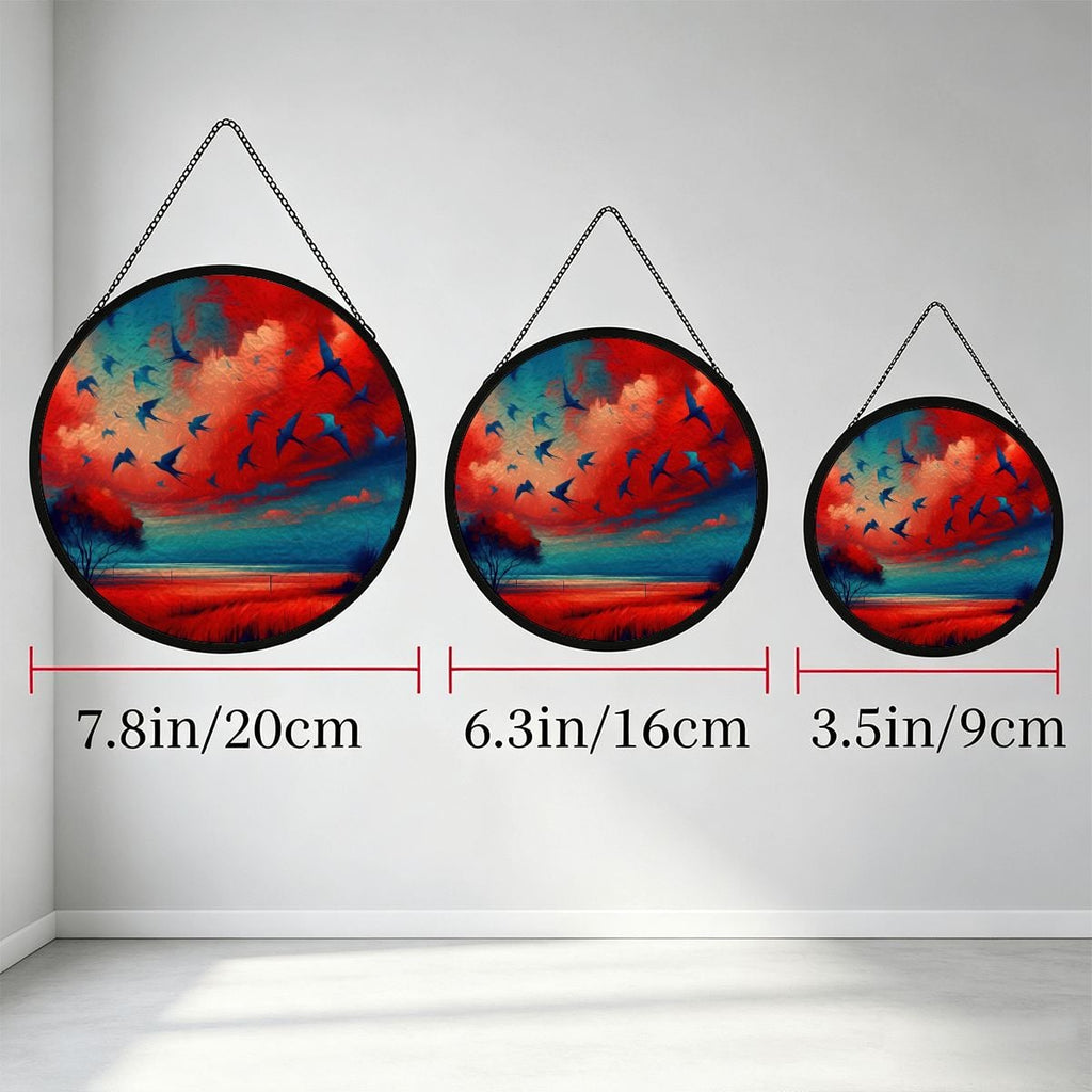 Scarlet and Turquoise Sunset Stained Glass Suncatcher Window Hanging (Made in USA)