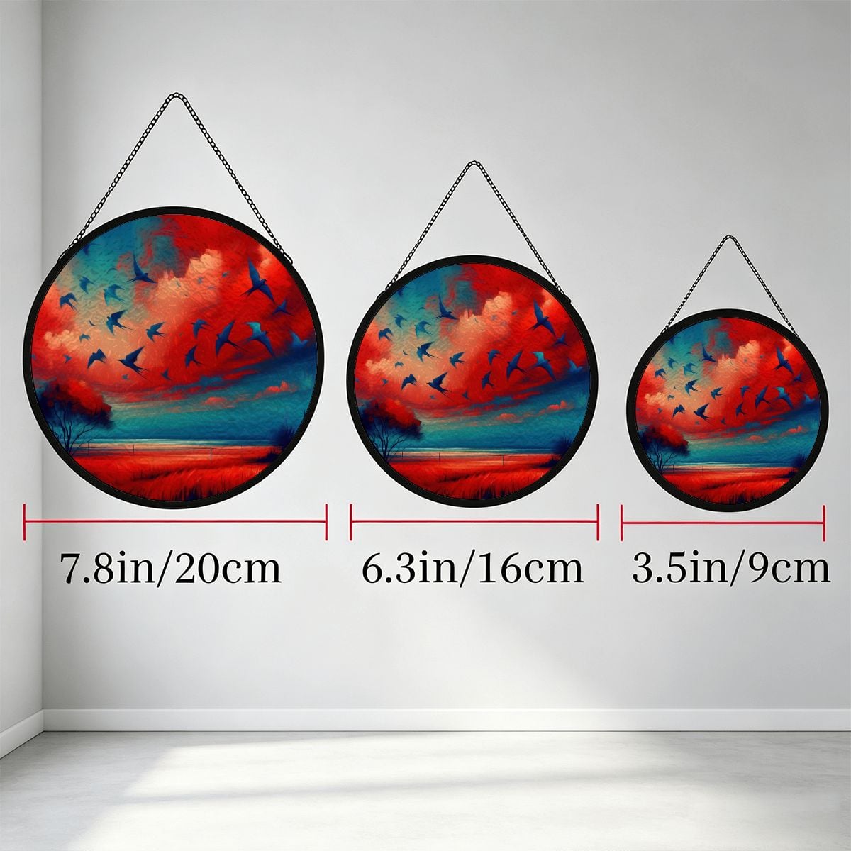 Scarlet and Turquoise Sunset Stained Glass Suncatcher Window Hanging (Made in USA)