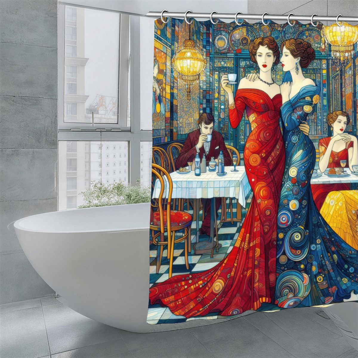 Girlfriends Shower Curtain | Klimt-Inspired Café Art