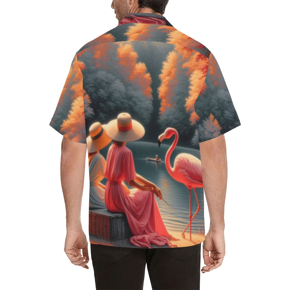 Two Ladies with a Flamingo Hawaiian Shirt without pocket