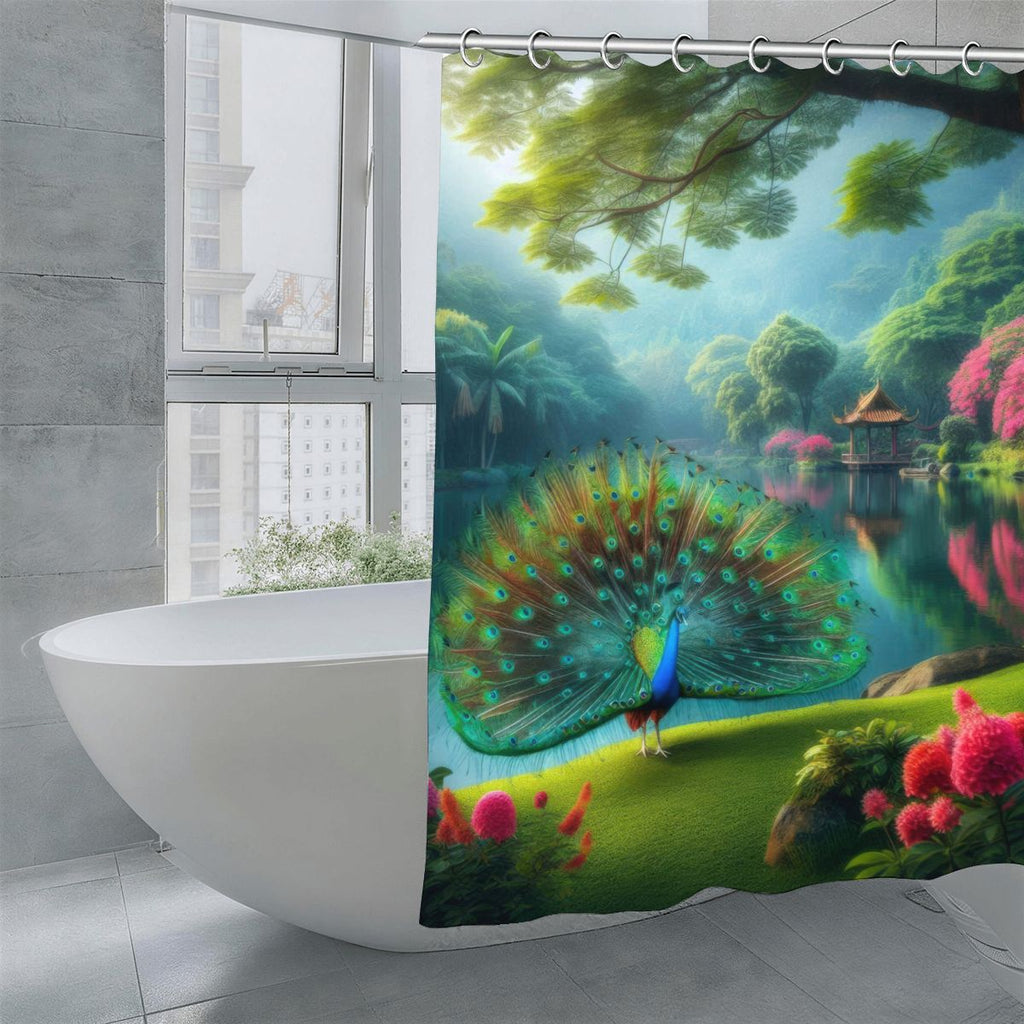 Peacock with Rhododendrons Shower Curtain | Botanical Garden Art
