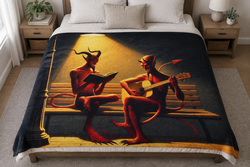 Fiend Friends blanket on a large bed