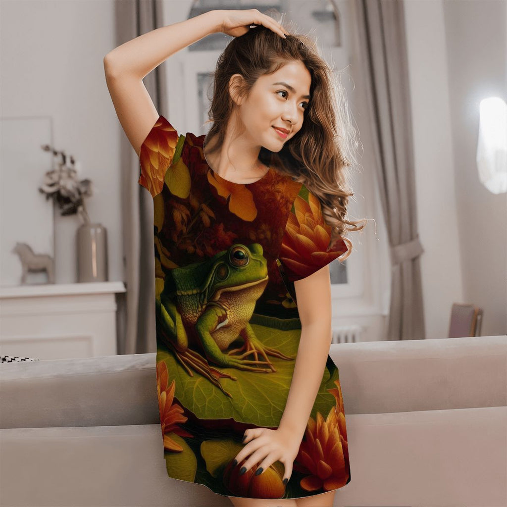 Frog on a Lilypad Loose Short - Sleeve Nightgown - Gregg Acini Adoree Designs - Women's Pajamas