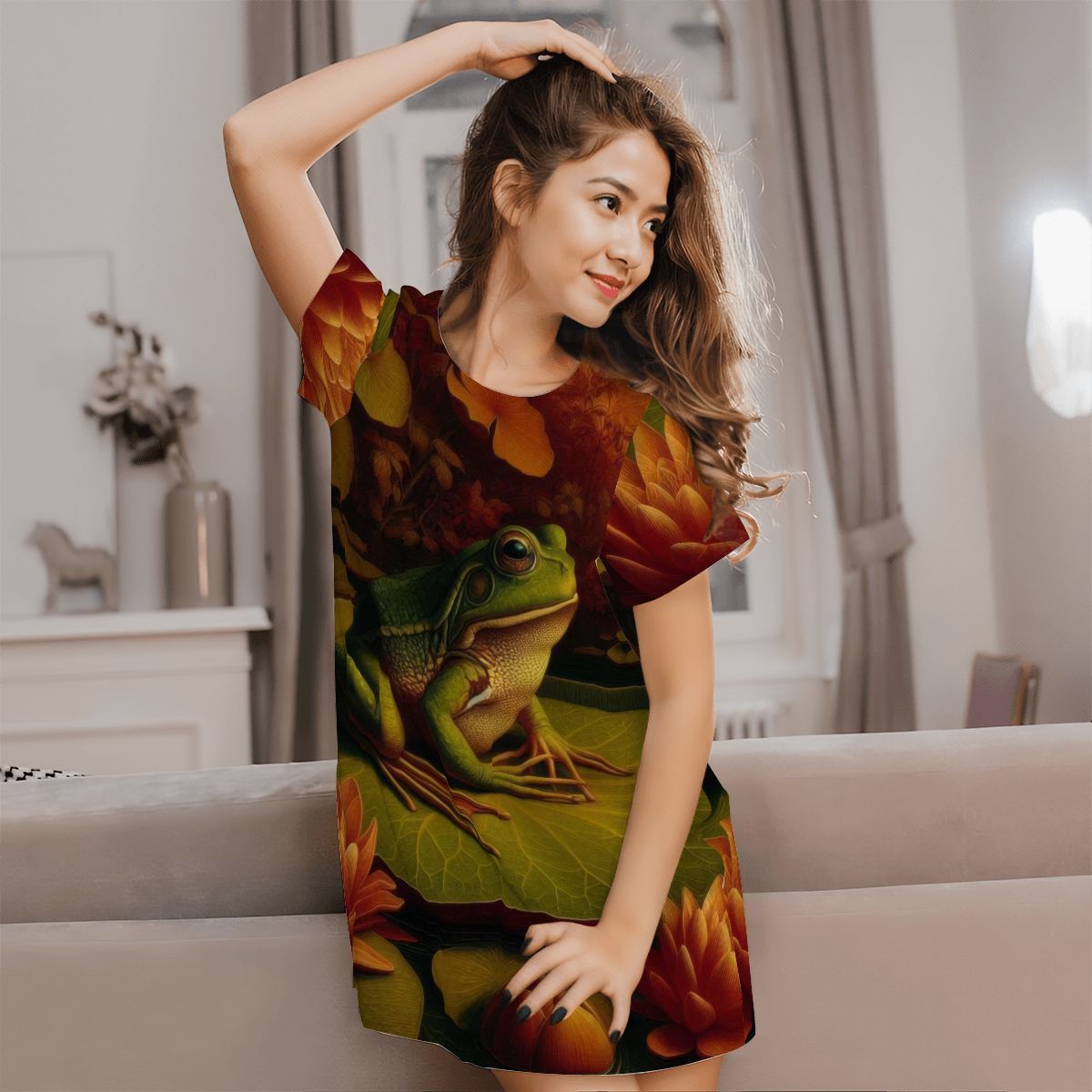 Frog on a Lilypad Loose Short - Sleeve Nightgown - Gregg Acini Adoree Designs - Women's Pajamas