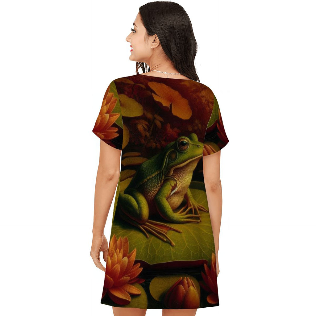 Frog on a Lilypad Loose Short - Sleeve Nightgown - Gregg Acini Adoree Designs - Women's Pajamas