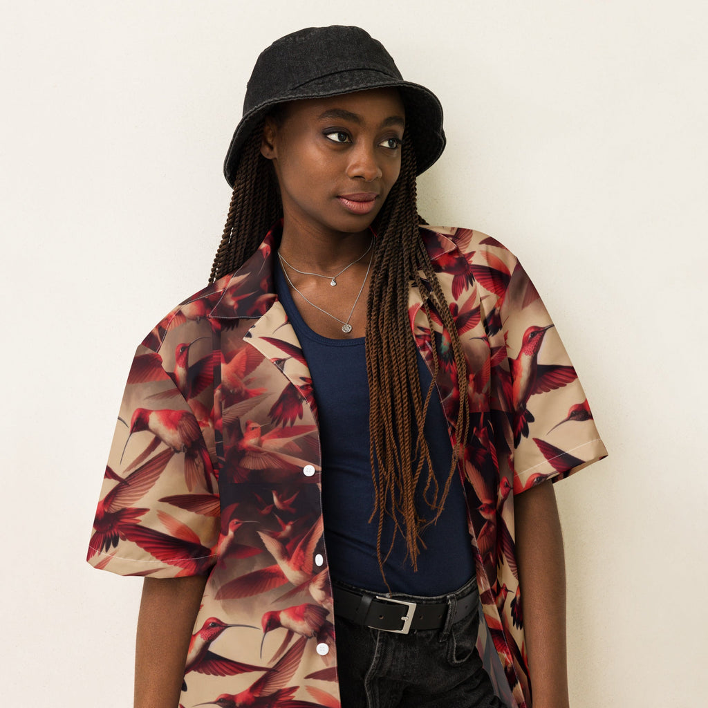 Full Red Hummingbirds Unisex button shirt by Gregg Acini Adoree Designs - Gregg Acini Adoree Designs - Button Down Shirt