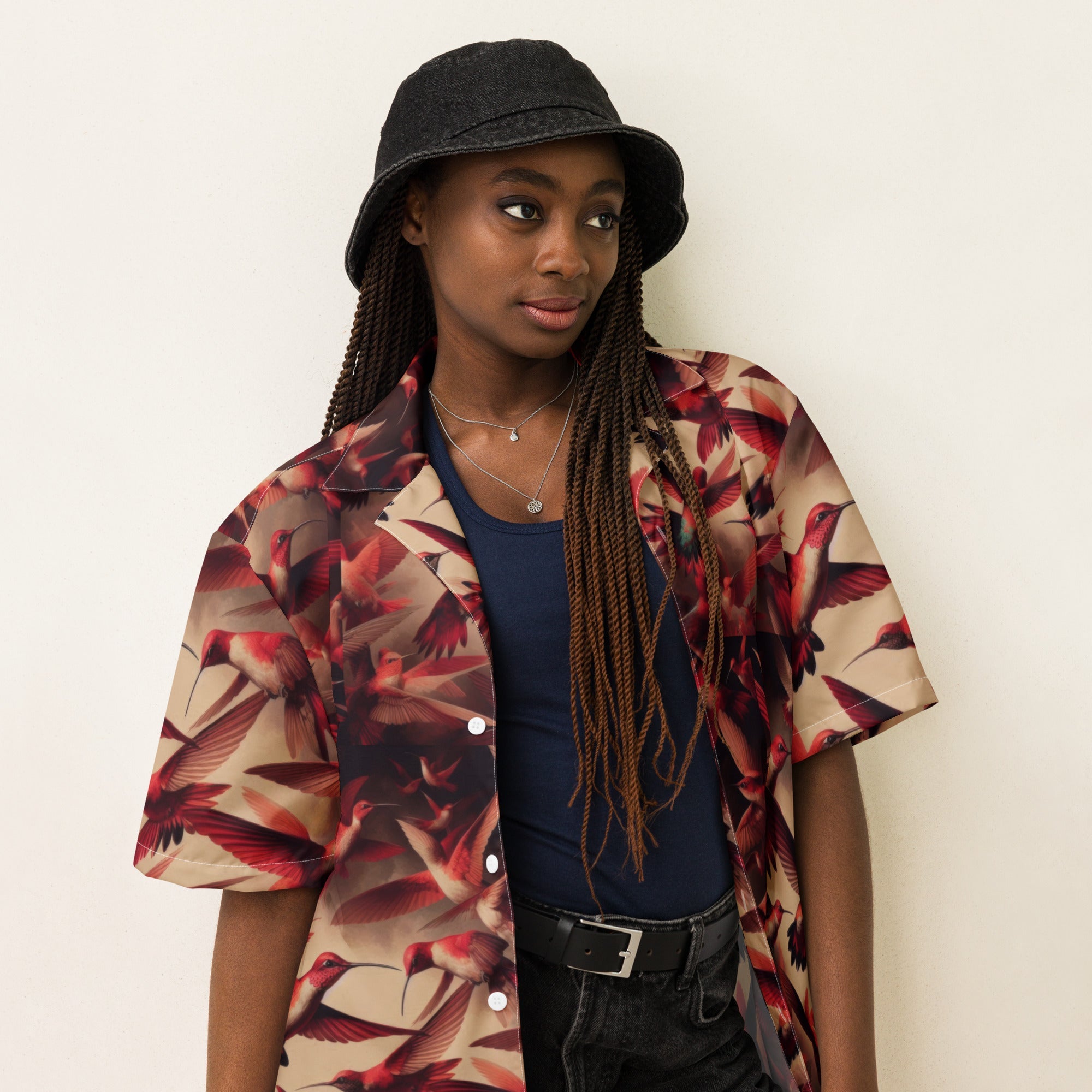 Full Red Hummingbirds Unisex button shirt by Gregg Acini Adoree Designs - Gregg Acini Adoree Designs - Button Down Shirt