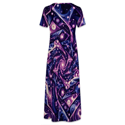 Galactic Purple Crew Neck Short Sleeve Maxi Dress - Gregg Acini Adoree Designs - Dress