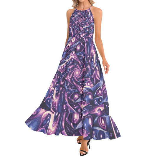 Galactic Purple Ruffle Hem Halter Neck Maxi Dress - Gregg Acini Adoree Designs - Dress