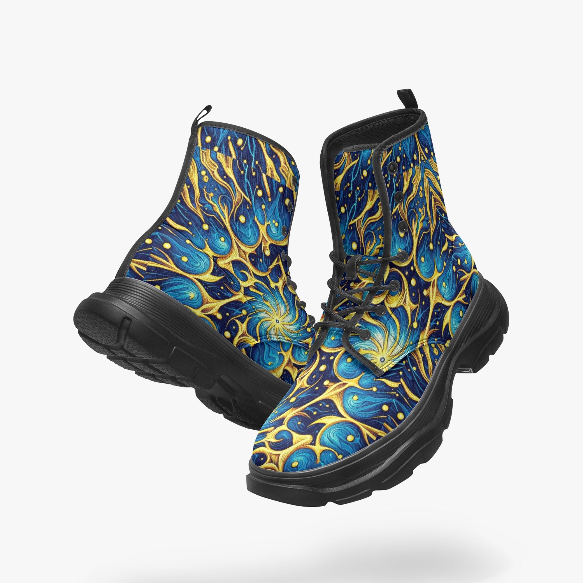 Galactic Yellow and Blue Casual Leather Chunky Boots - Gregg Acini Adoree Designs - Boots
