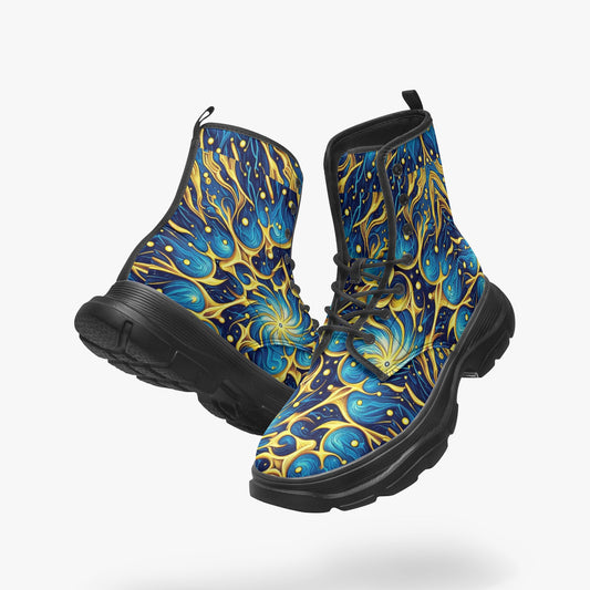Galactic Yellow and Blue Casual Leather Chunky Boots - Gregg Acini Adoree Designs - Boots