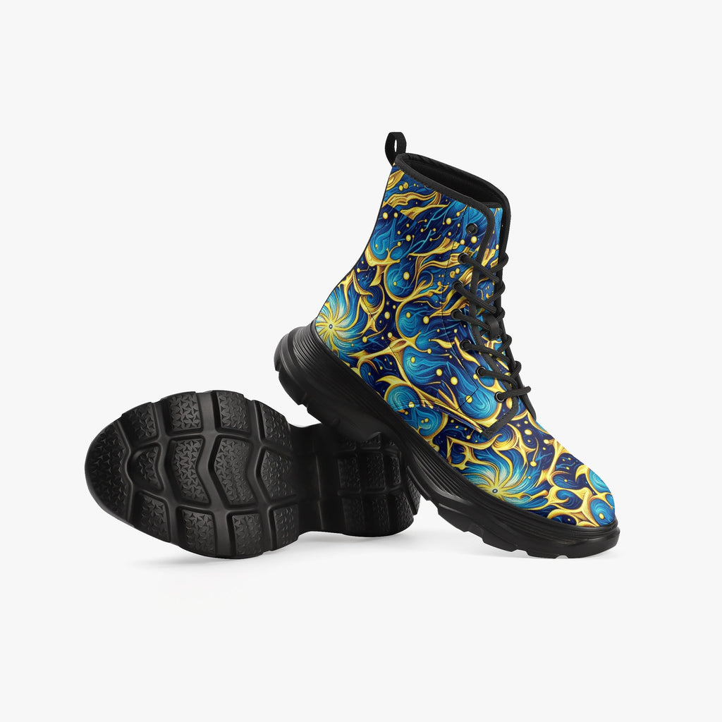 Galactic Yellow and Blue Casual Leather Chunky Boots - Gregg Acini Adoree Designs - Boots