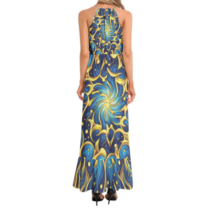 Galactic Yellow and Blue Ruffle Hem Halter Neck Maxi Dress - Gregg Acini Adoree Designs - Dress
