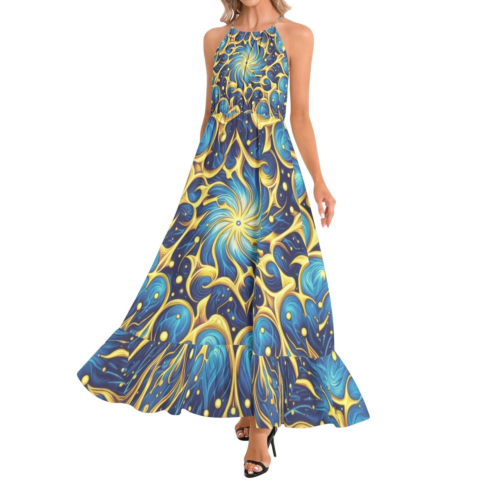 Galactic Yellow and Blue Ruffle Hem Halter Neck Maxi Dress - Gregg Acini Adoree Designs - Dress