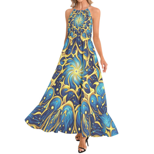 Galactic Yellow and Blue Ruffle Hem Halter Neck Maxi Dress - Gregg Acini Adoree Designs - Dress