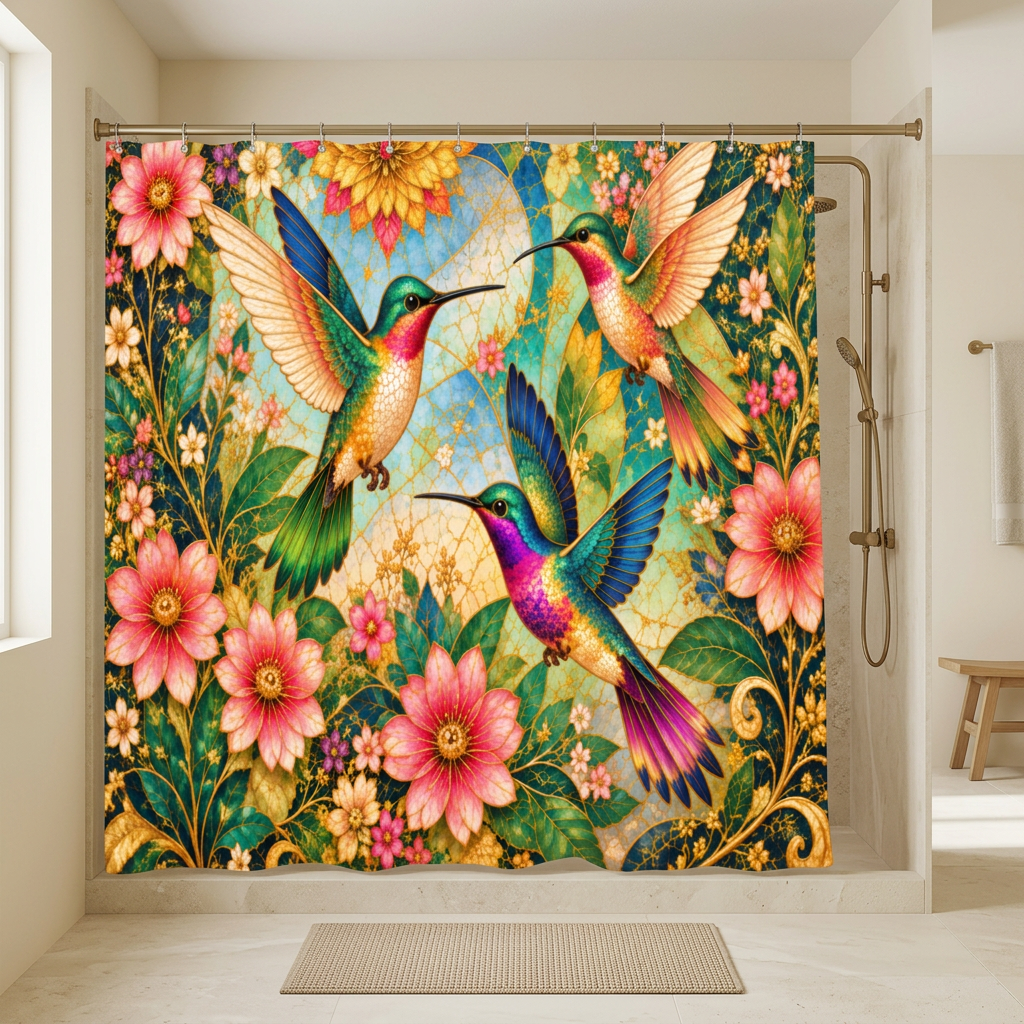 Garden of Gilded Wings shower curtain in an ivory and brass bathroom