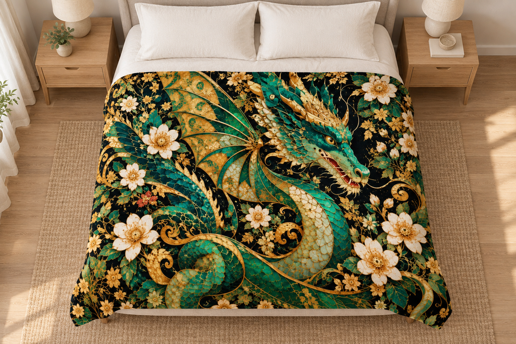 Gilded Jade Dragon blanket bedroom lifestyle