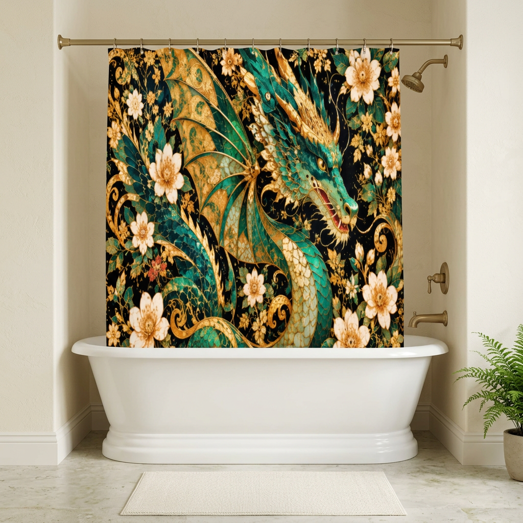 Gilded Jade Dragon curtain revised with proper bathtub overlap
