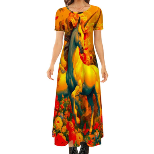 Golden Unicorns and Butterflies Crew Neck Short Sleeve Maxi Dress - Gregg Acini Adoree Designs - Dress