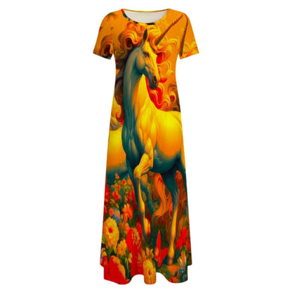 Golden Unicorns and Butterflies Crew Neck Short Sleeve Maxi Dress - Gregg Acini Adoree Designs - Dress