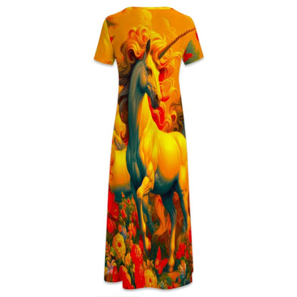 Golden Unicorns and Butterflies Crew Neck Short Sleeve Maxi Dress - Gregg Acini Adoree Designs - Dress