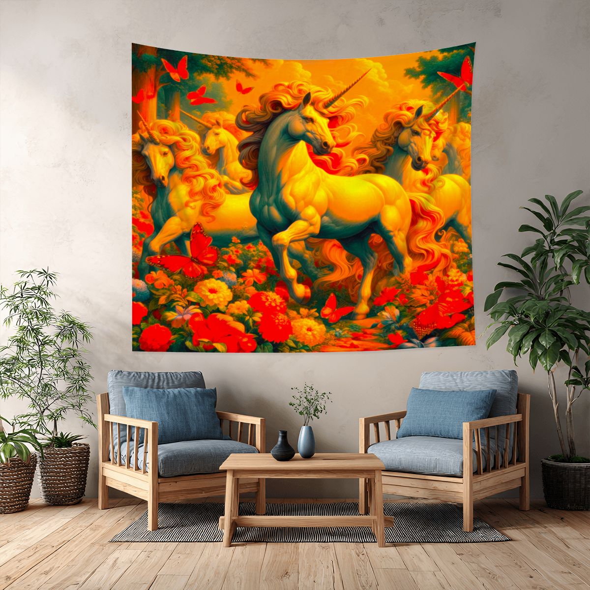 Golden Unicorns and Butterflies Lightweight Wall Tapestry (Fabric Wall Hanging - USA) - Gregg Acini Adoree Designs - Wall Coverings