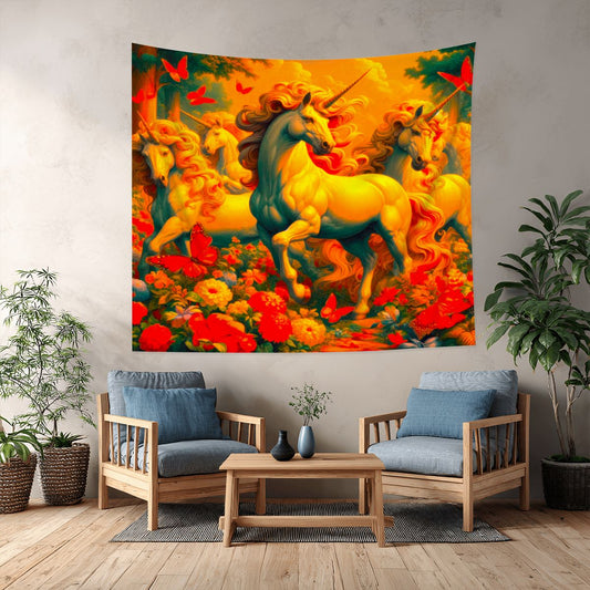 Golden Unicorns and Butterflies Lightweight Wall Tapestry (Fabric Wall Hanging - USA) - Gregg Acini Adoree Designs - Wall Coverings