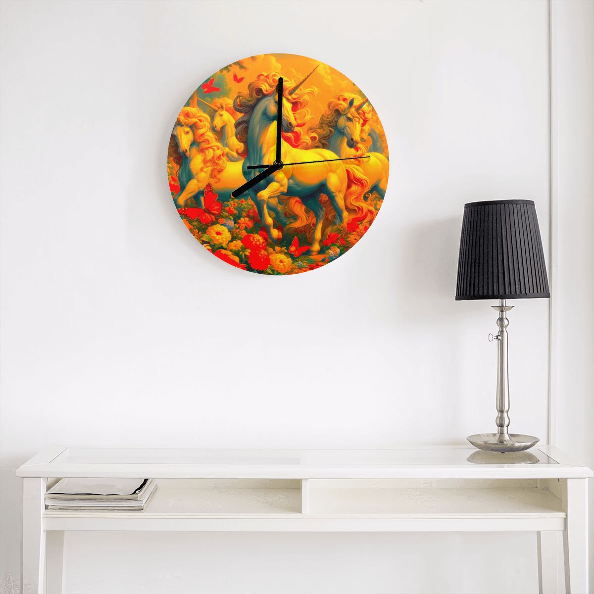 Golden Unicorns and Butterflies MDF Wall Clock (Made in USA) - Gregg Acini Adoree Designs - Wall Clock