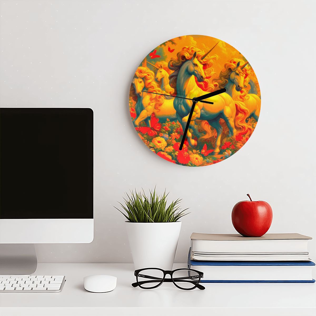Golden Unicorns and Butterflies MDF Wall Clock (Made in USA) - Gregg Acini Adoree Designs - Wall Clock