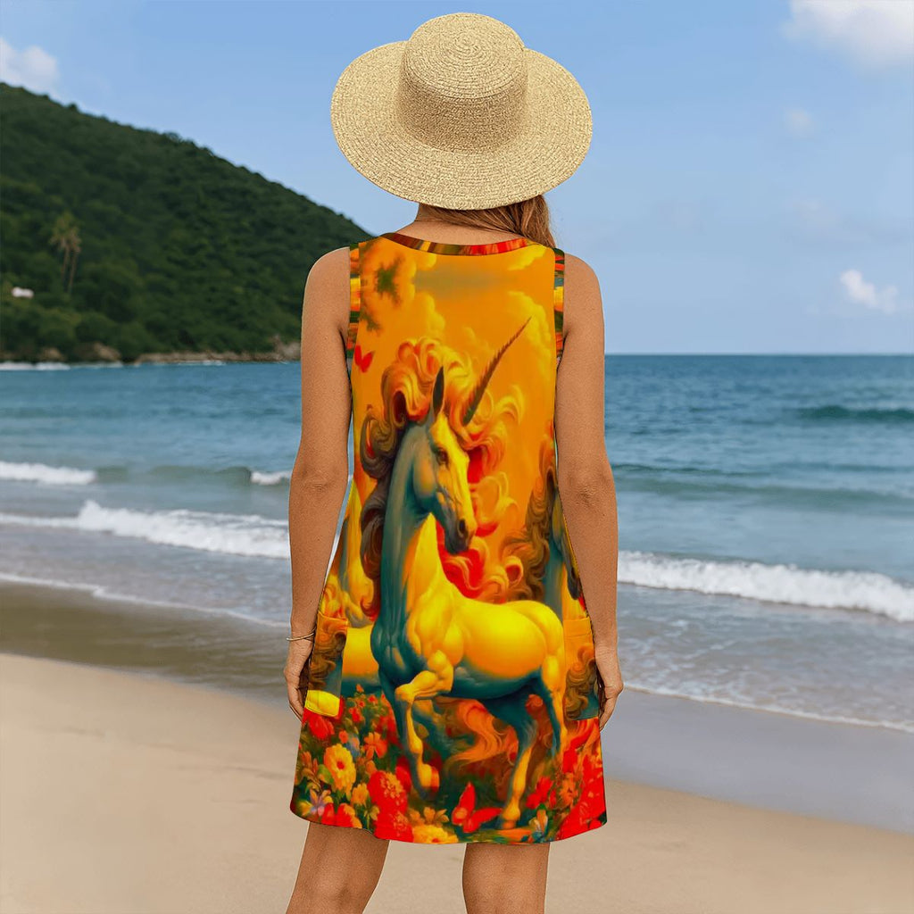 Golden Unicorns and Butterflies Women's Sleeveless Dress with Pockets - Gregg Acini Adoree Designs - Women's Skirts & Dresses