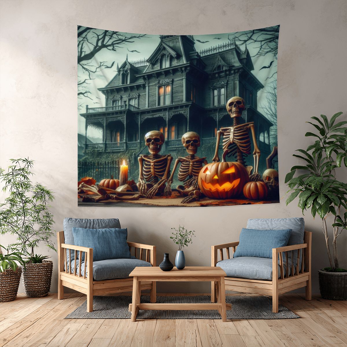 Halloween House with Skeletons Lightweight Wall Tapestry (Fabric Wall Hanging - USA) - Gregg Acini Adoree Designs - Wall Coverings