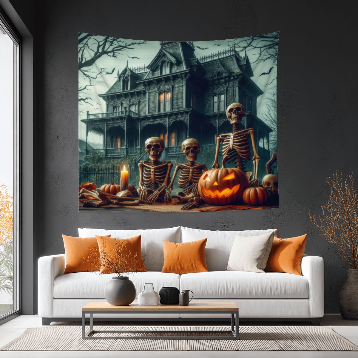 Halloween House with Skeletons Lightweight Wall Tapestry (Fabric Wall Hanging - USA) - Gregg Acini Adoree Designs - Wall Coverings
