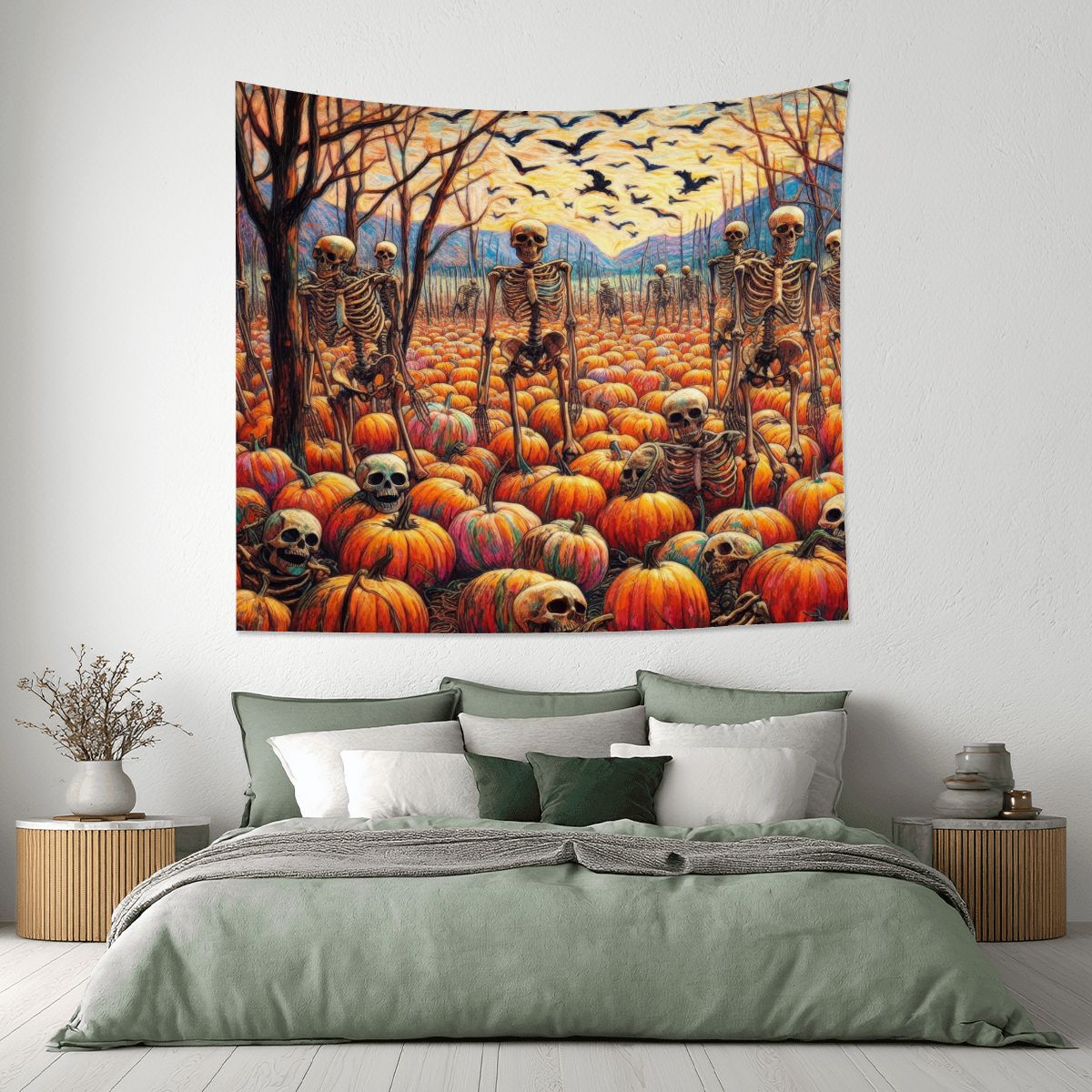 Halloween Skeletons and Pumpkins Lightweight Wall Tapestry (Fabric Wall Hanging - USA) - Gregg Acini Adoree Designs - Wall Coverings