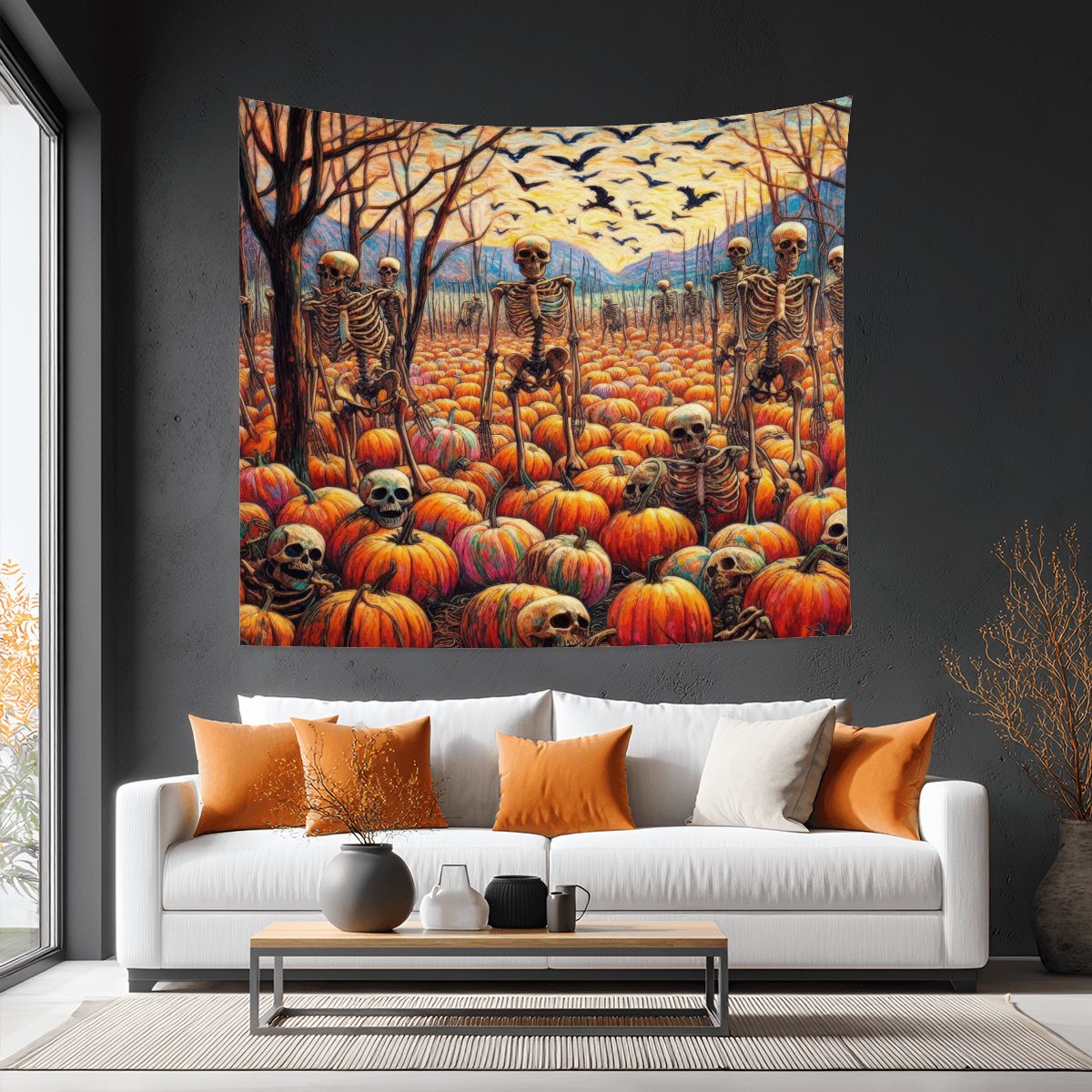 Halloween Skeletons and Pumpkins Lightweight Wall Tapestry (Fabric Wall Hanging - USA) - Gregg Acini Adoree Designs - Wall Coverings