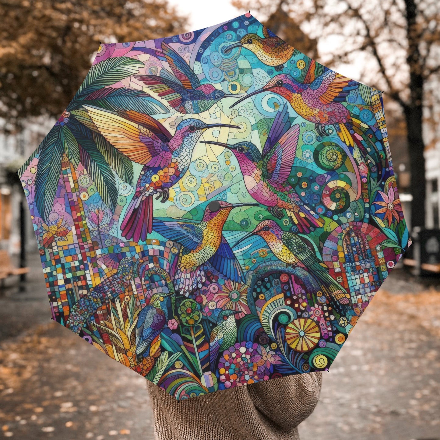 Hummingbird Kaleidoscope Automatic Folding Umbrella - Gregg Acini Adoree Designs - Umbrella