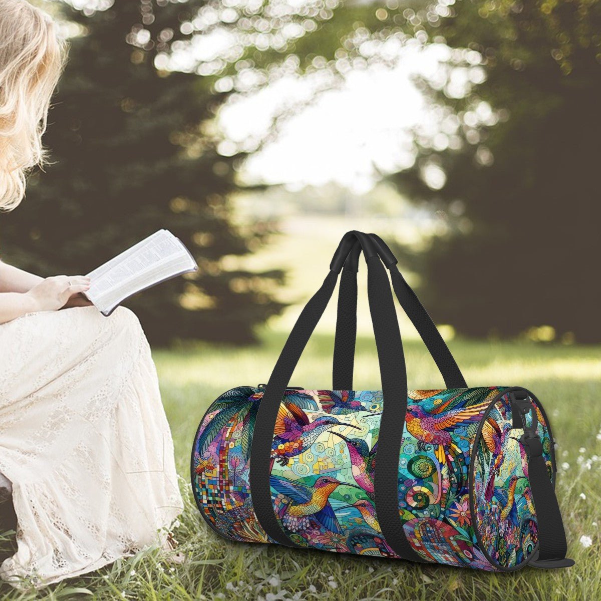 Hummingbird Kaleidoscope Cylinder Duffel Bag Large Capacity - Gregg Acini Adoree Designs - Luggage