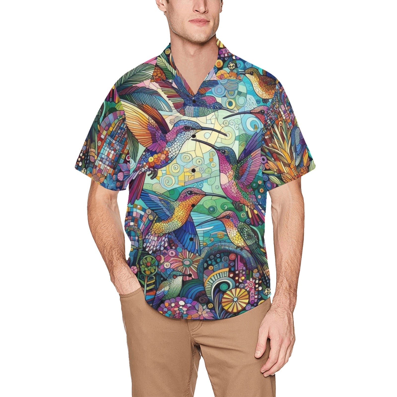 Hummingbird Kaleidoscope Hawaiian Shirt with Chest Pocket & Merged Design - Gregg Acini Adoree Designs - Button Down Shirt