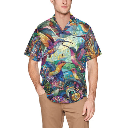 Hummingbird Kaleidoscope Hawaiian Shirt with Chest Pocket & Merged Design - Gregg Acini Adoree Designs - Button Down Shirt