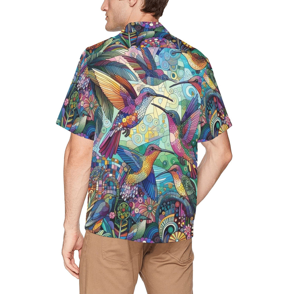 Hummingbird Kaleidoscope Hawaiian Shirt with Chest Pocket & Merged Design - Gregg Acini Adoree Designs - Button Down Shirt