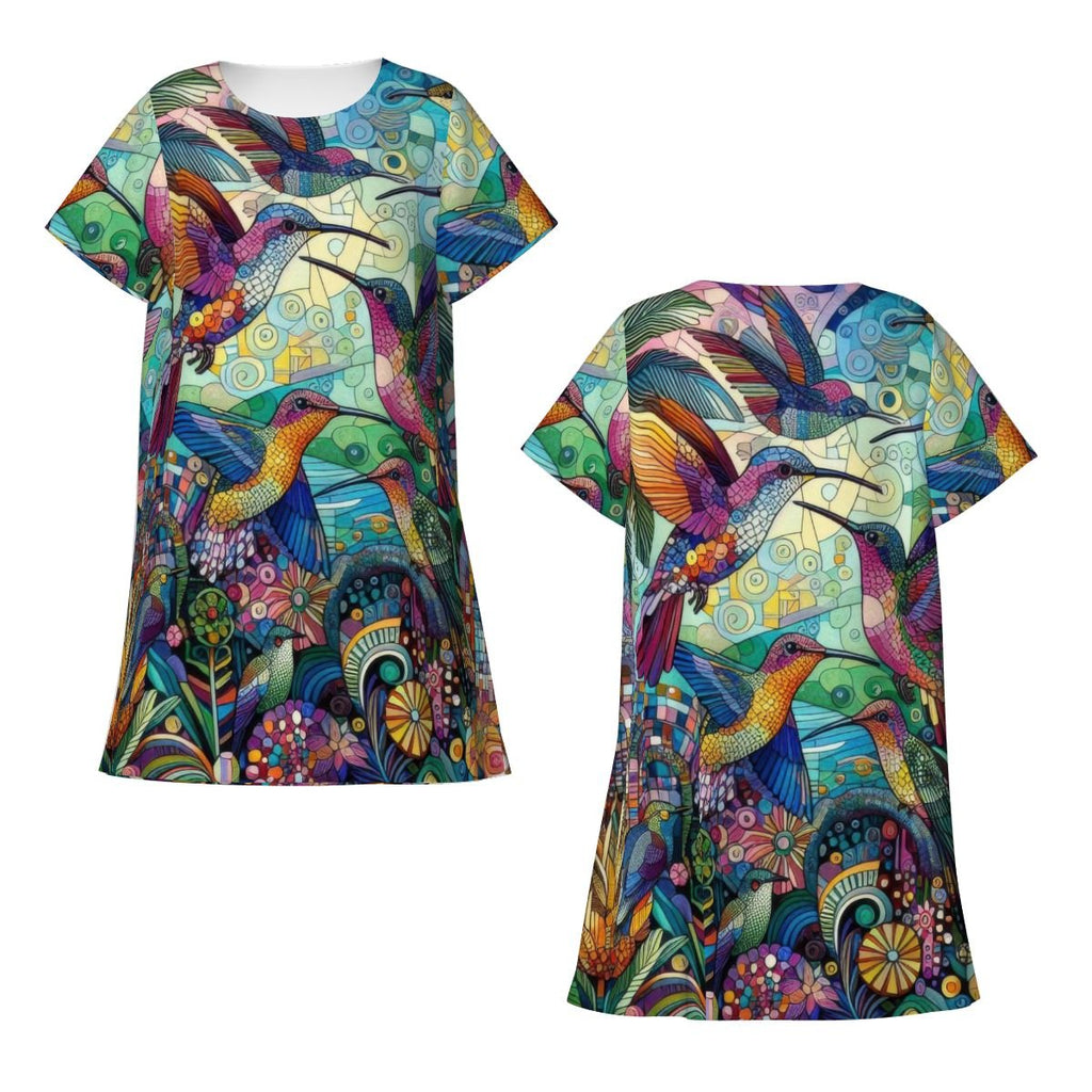 Hummingbird Kaleidoscope Loose Short - Sleeve Nightgown - Gregg Acini Adoree Designs - Women's Pajamas