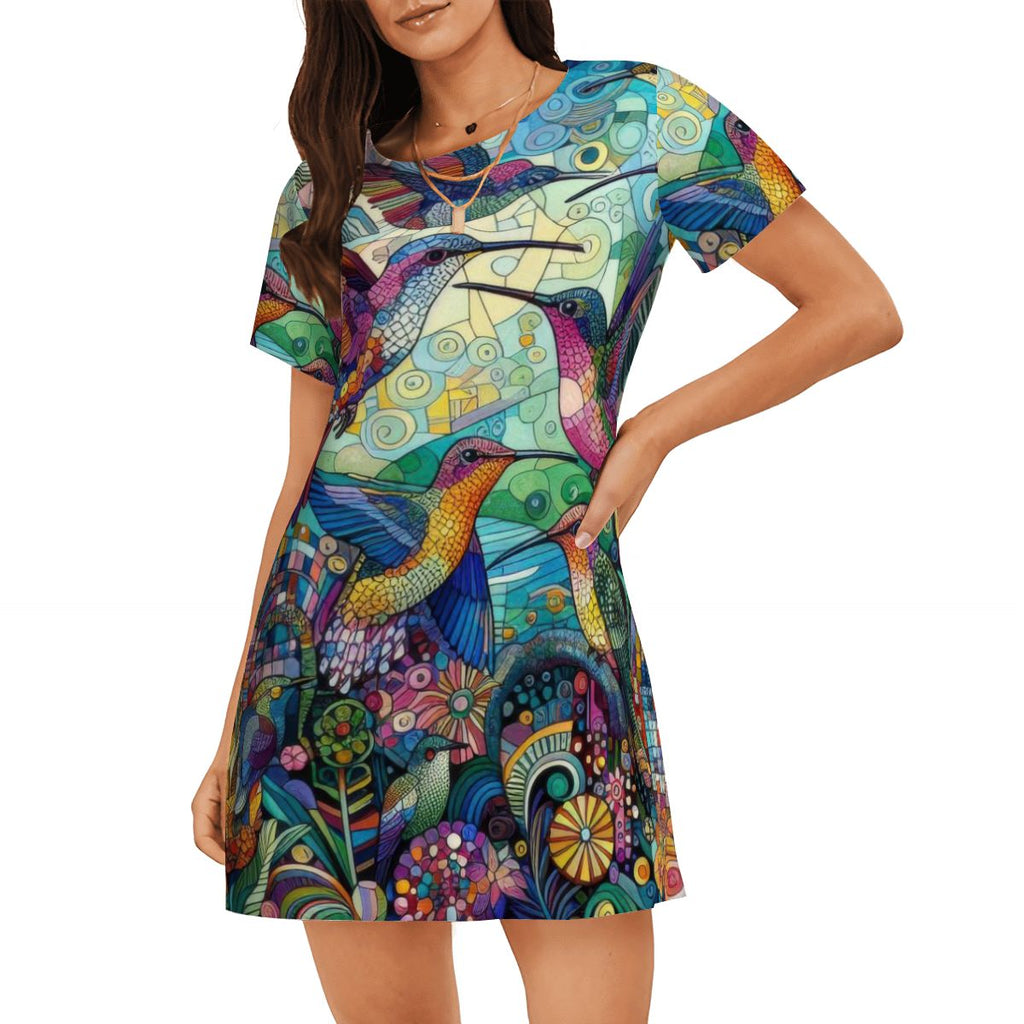 Hummingbird Kaleidoscope Loose Short - Sleeve Nightgown - Gregg Acini Adoree Designs - Women's Pajamas