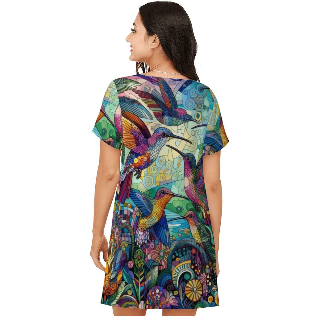 Hummingbird Kaleidoscope Loose Short - Sleeve Nightgown - Gregg Acini Adoree Designs - Women's Pajamas