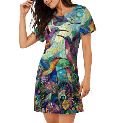 Hummingbird Kaleidoscope Loose Short - Sleeve Nightgown - Gregg Acini Adoree Designs - Women's Pajamas