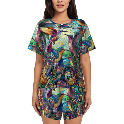 Hummingbird Kaleidoscope Pajama Set for Women Crew Neck Short Sleeve - Gregg Acini Adoree Designs - Women's Pajamas