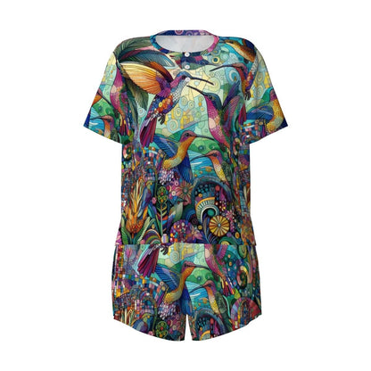 Hummingbird Kaleidoscope Pajama Set for Women Crew Neck Short Sleeve - Gregg Acini Adoree Designs - Women's Pajamas