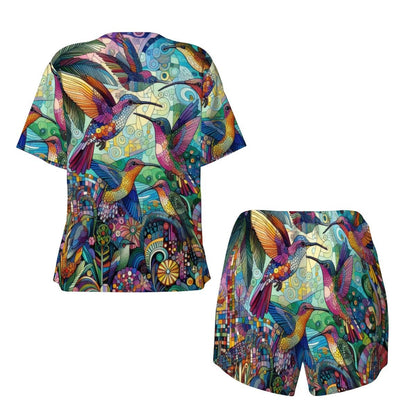 Hummingbird Kaleidoscope Pajama Set for Women Crew Neck Short Sleeve - Gregg Acini Adoree Designs - Women's Pajamas
