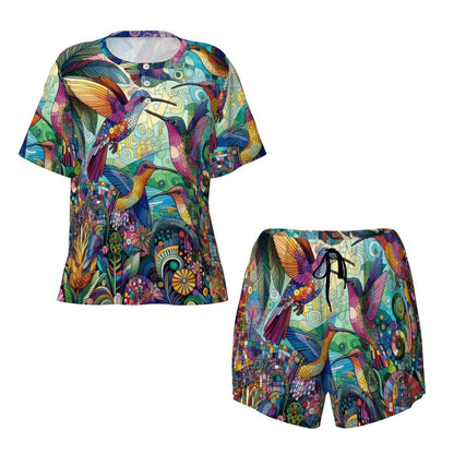 Hummingbird Kaleidoscope Pajama Set for Women Crew Neck Short Sleeve - Gregg Acini Adoree Designs - Women's Pajamas