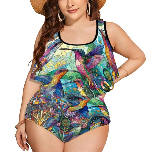 Hummingbird Kaleidoscope Plus Size Ruffle Two Piece Swimsuit - Gregg Acini Adoree Designs - Women's Swimwear
